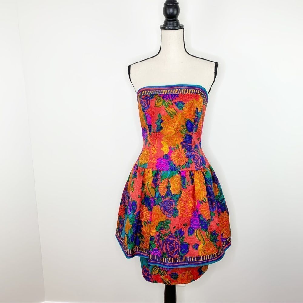 A.J BARI Vintage Silk Peplum Bustier FIT & FLARE Vivid DRESS